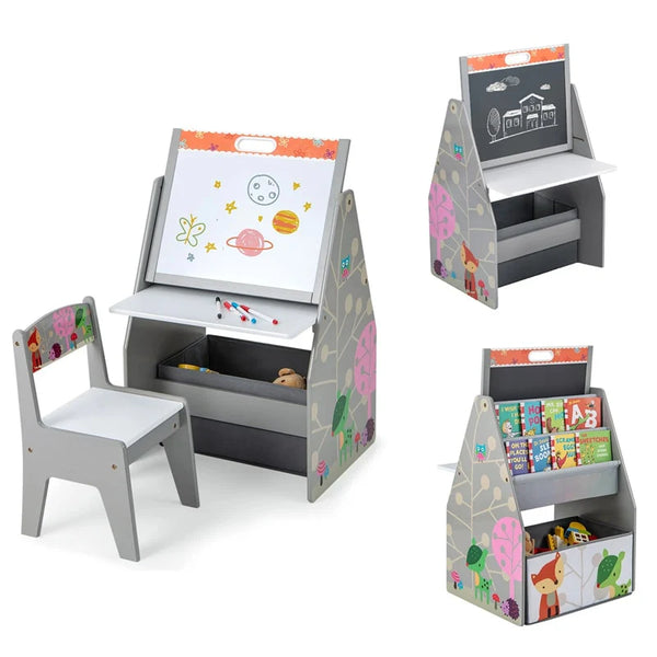3-in-1 Kids Art Easel with Chair, Wooden Toddler Easel Table & Chair Set w/ Double-Sided Magnetic Whiteboard & Chalkboard, Bookshelf, Storage