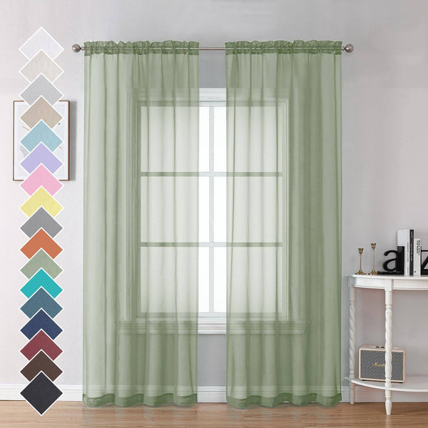 OVZME 2 Panels Sheer Sage Green Curtains 72 Inches Length Window Treatment for Kitchen, Elegant Airy Transparent Curtain Draperies Rod Pocket for