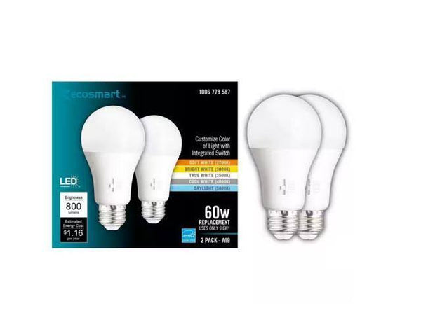 Ecosmart 60-Watt Equivalent A19 Dimmable CEC LED Light Bulb with Selectable Color Temperature (2-Pack)