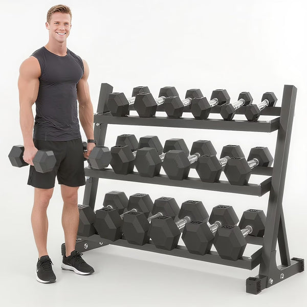 350 lb Hex Dumbbell Set with Rack, 5 - 50 lb Pairs - Rubber Coated Iron Weights for Home Gym, Strength Training & Muscle Building
