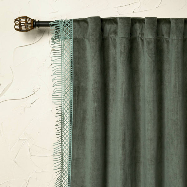 54"x84" Light Filtering Velvet Macrame Trim Window Curtain Panel Teal - Opalhouse Designed with Jungalow
